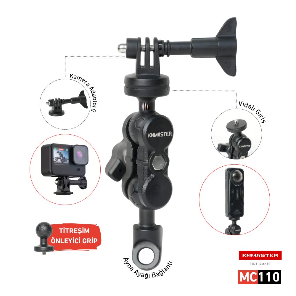 Knmaster MC110 &ndash; 360&deg; Ayarlanabilir Motosiklet Ayna Dibi Aksiyon Kamera Aparatı